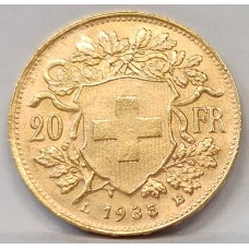 SWITZERLAND 1935 B . TWENTY 20 FRANCS . GOLD COIN